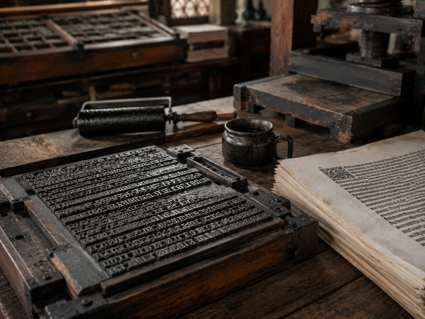 Movable metal type arranged for printing beside freshly printed pages in a Gutenberg-era workshop