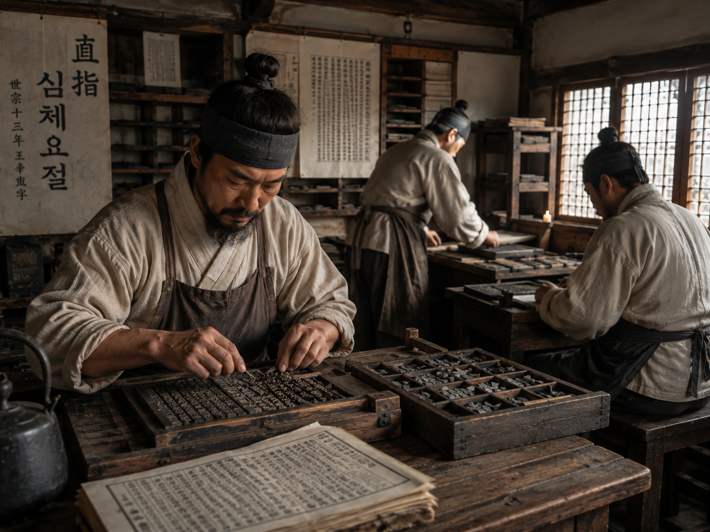 Craftsmen arranging movable metal type in a historical Korean printing workshop.