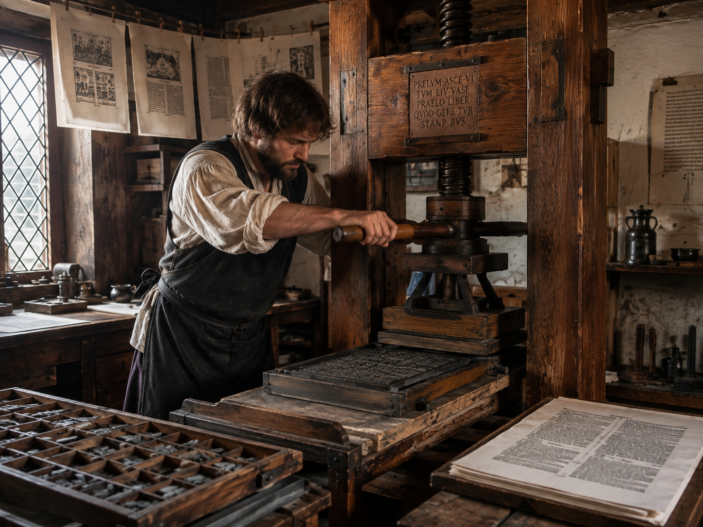 A 15th-century printer operating a wooden screw press with movable metal type.