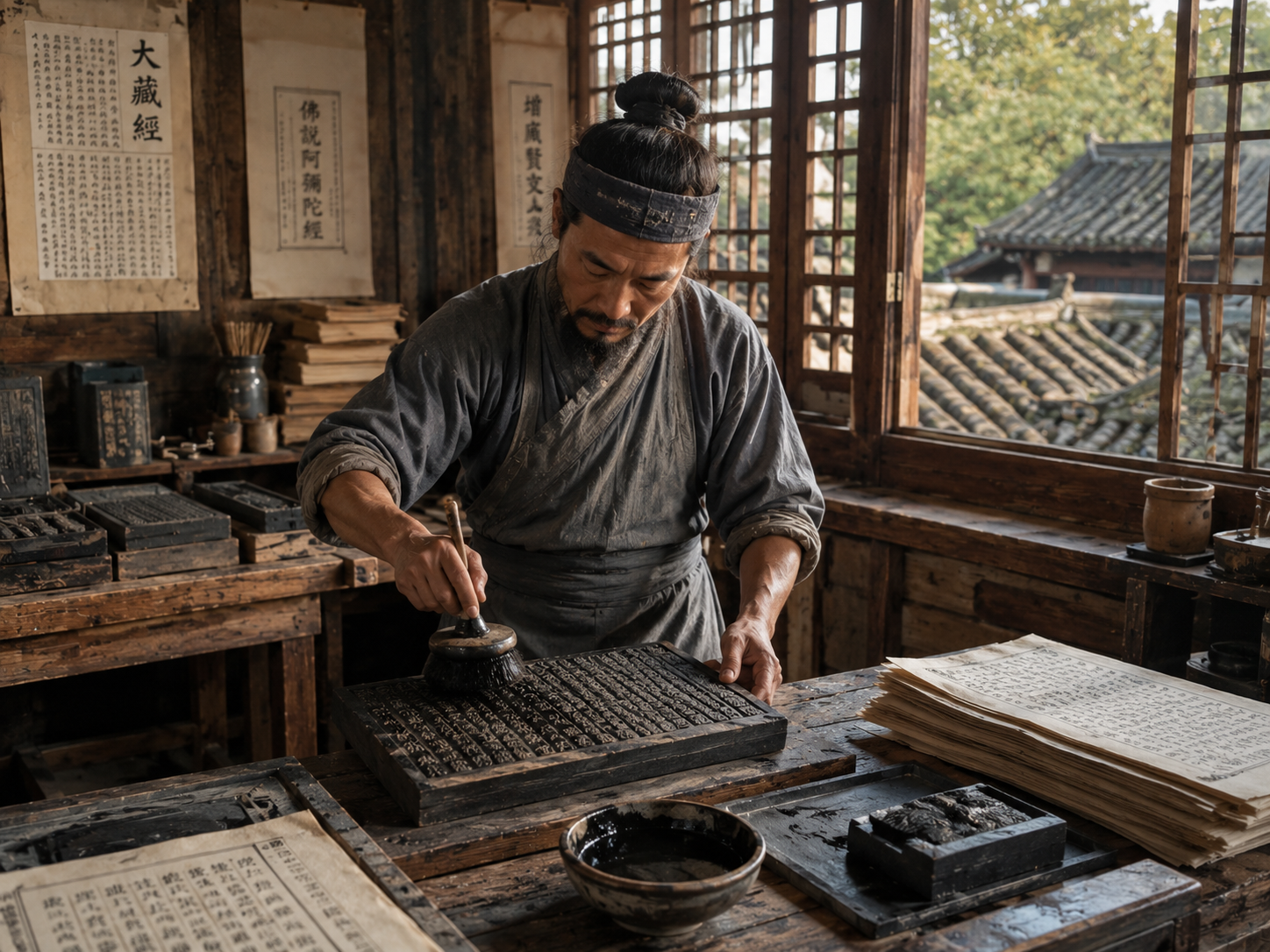 A reconstruction of a Chinese woodblock printing workshop during the Song dynasty.