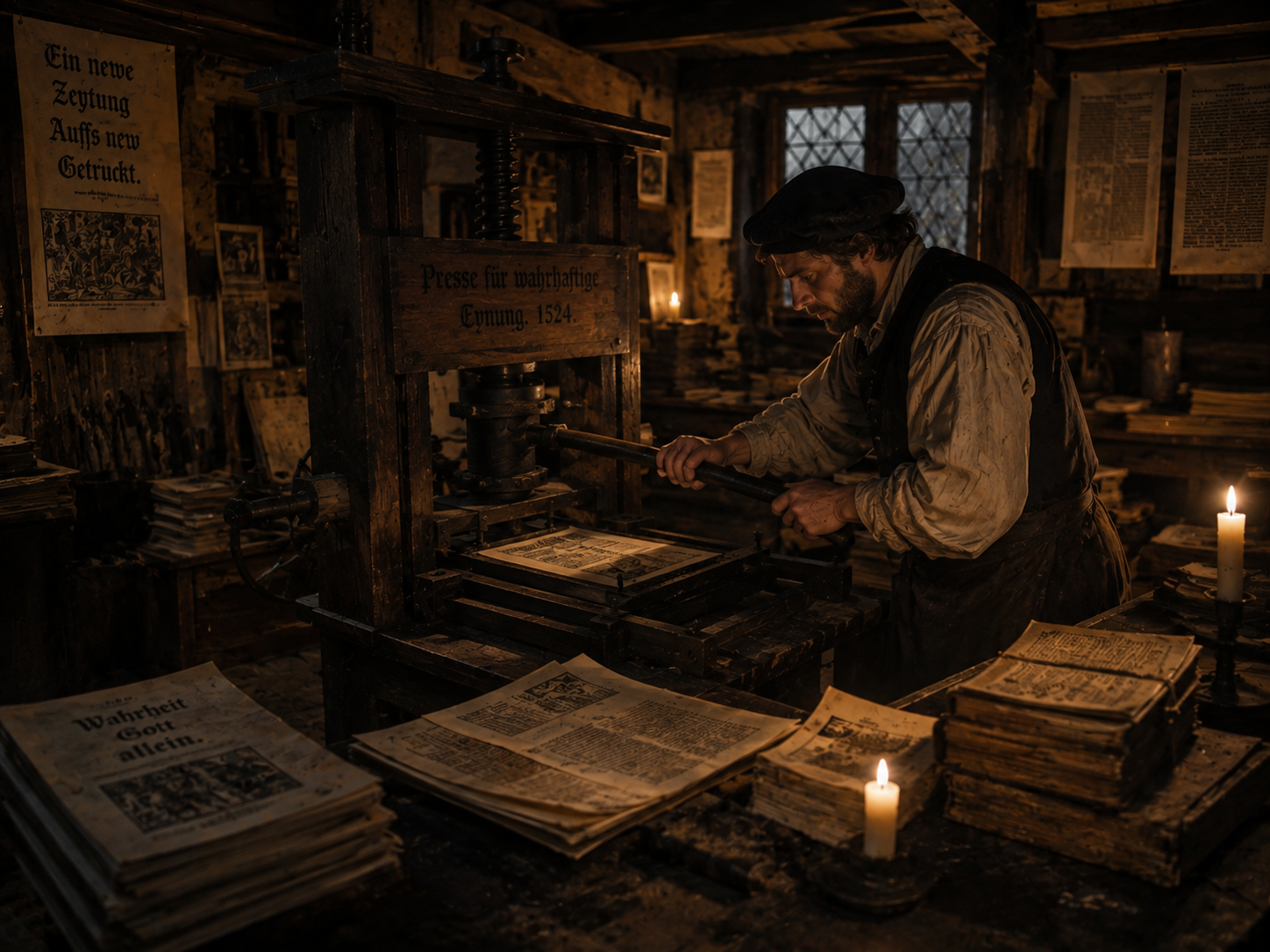 A historical reconstruction of a printer producing controversial pamphlets under the threat of censorship.