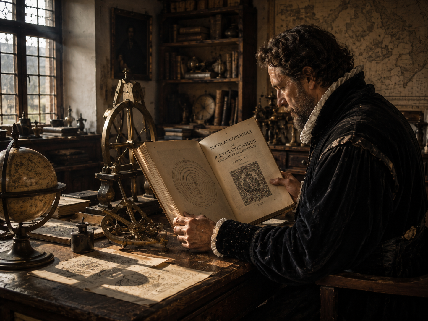 An early modern scholar studying a printed scientific book beside astronomical instruments.