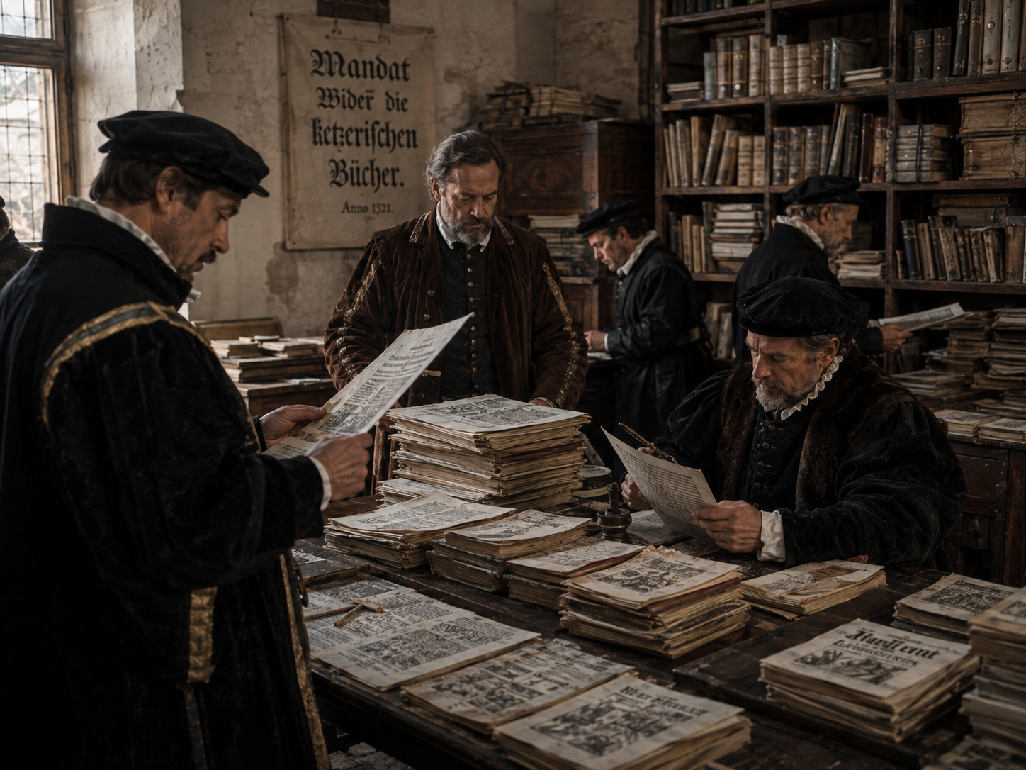 Early modern authorities examining printed books as part of historical press censorship.