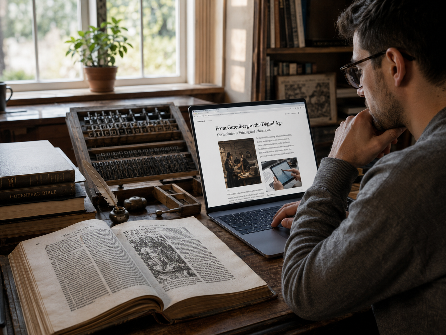 A modern laptop and digital article placed beside an old printed book and historic printing type.