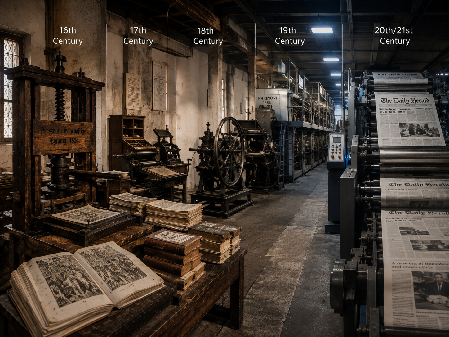 A visual transition from the historic printing press to later forms of mass print.