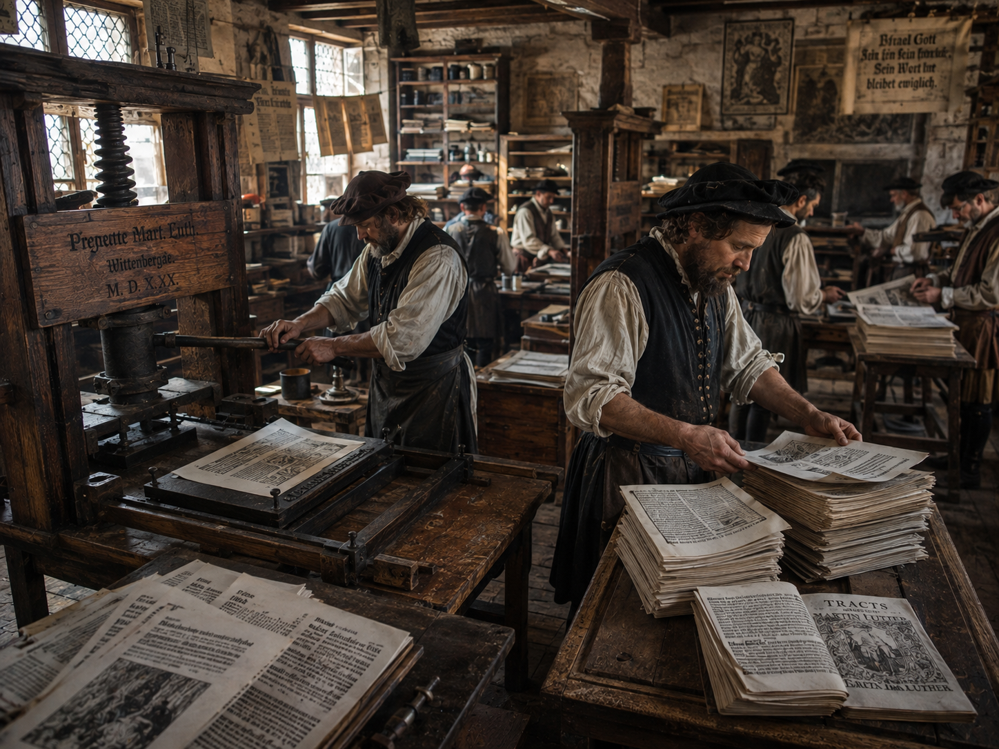 A 16th-century European printing workshop producing religious pamphlets during the Reformation.