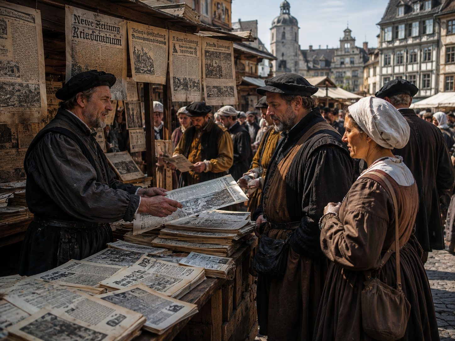 Printed pamphlets and broadsheets being sold in an early modern European marketplace.