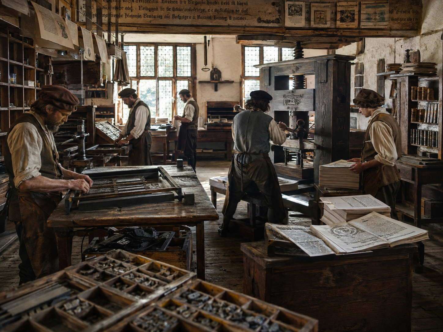 Workers producing and stacking printed pages in a busy early European print shop.
