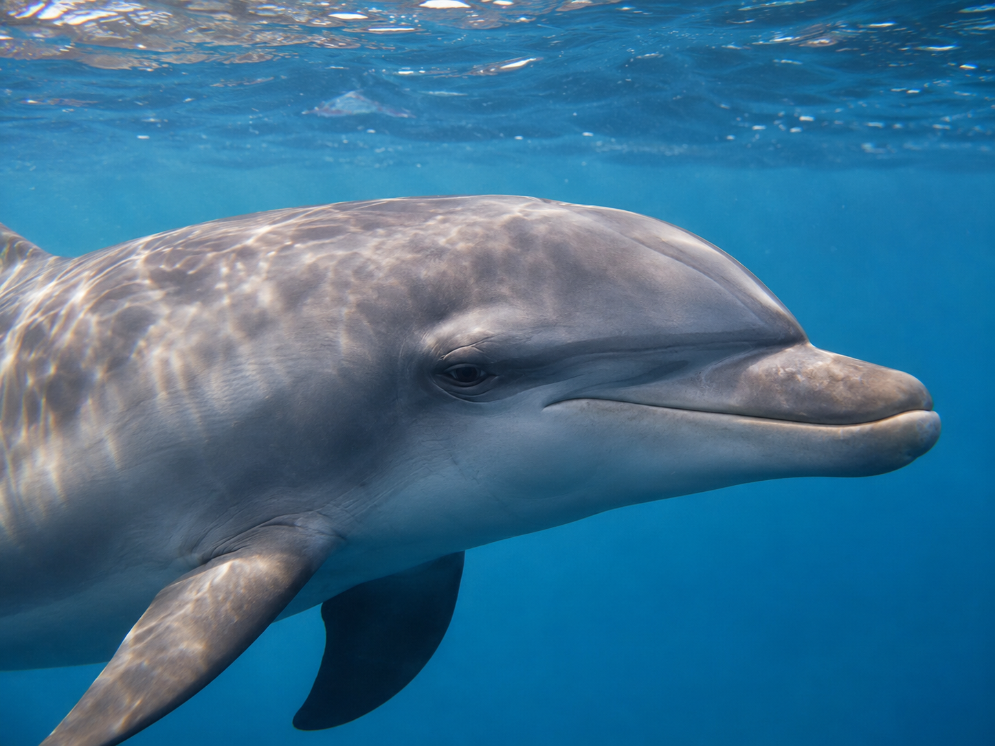 A bottlenose dolphin resting near the ocean surface with one eye slightly open.