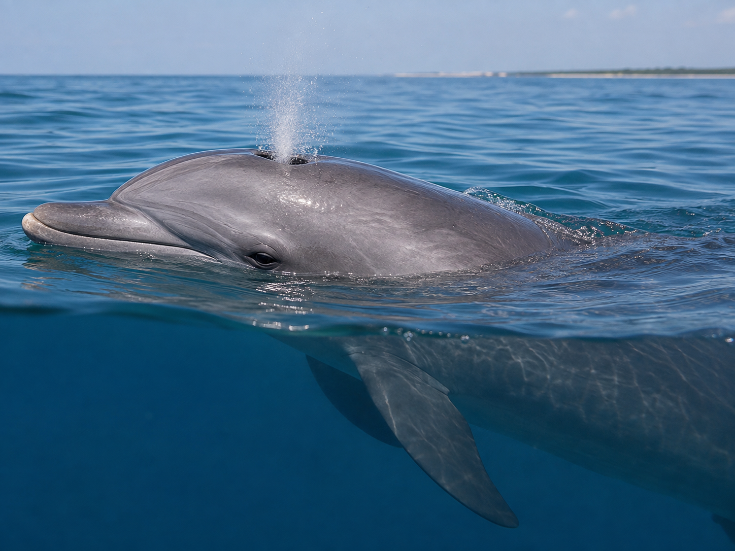A bottlenose dolphin surfacing to breathe in calm ocean water.