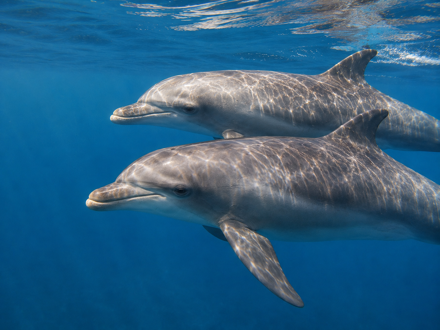 Two dolphins moving slowly near the surface during a resting period.