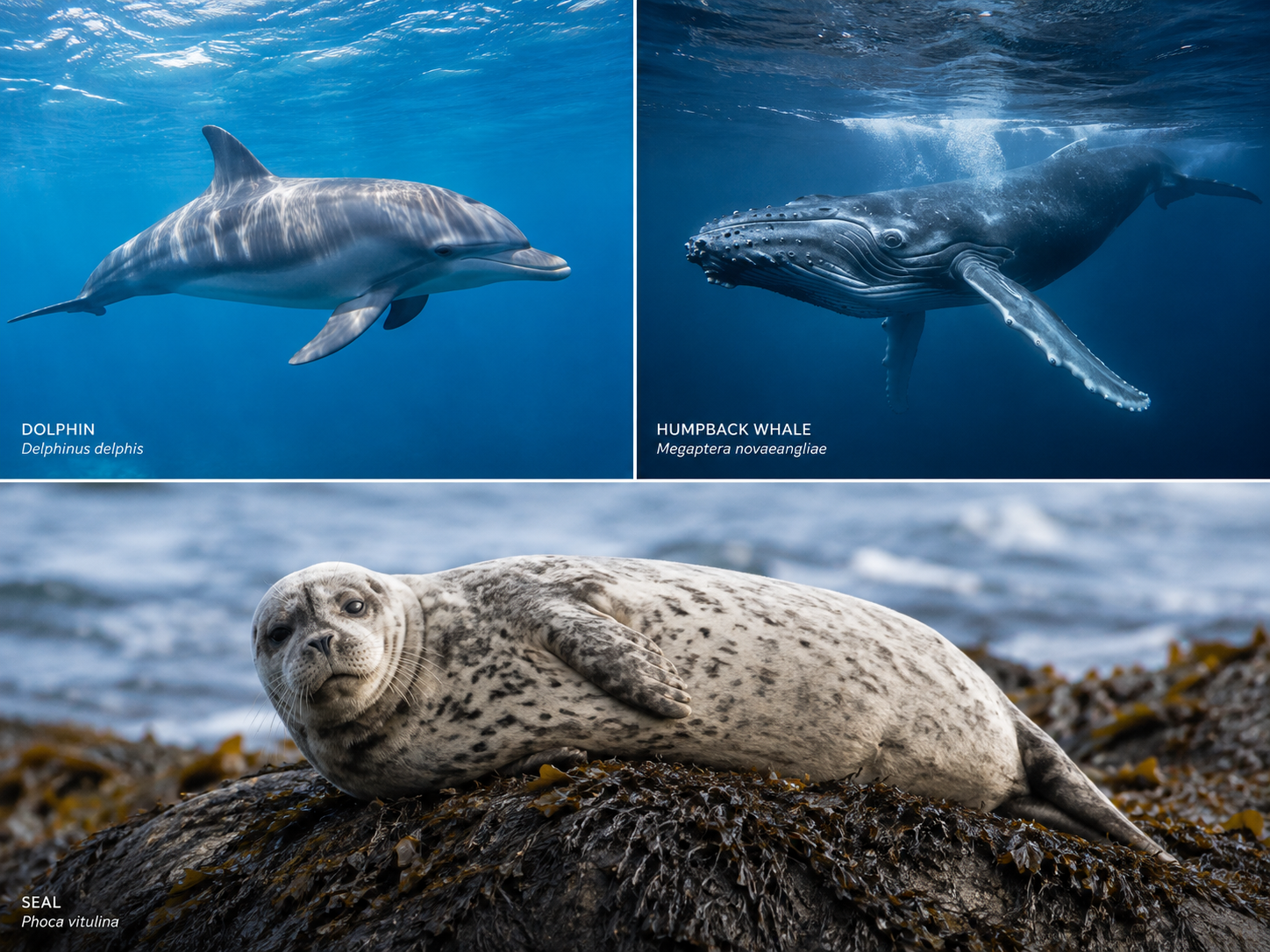 Dolphin, whale and seal resting in their natural marine environments.