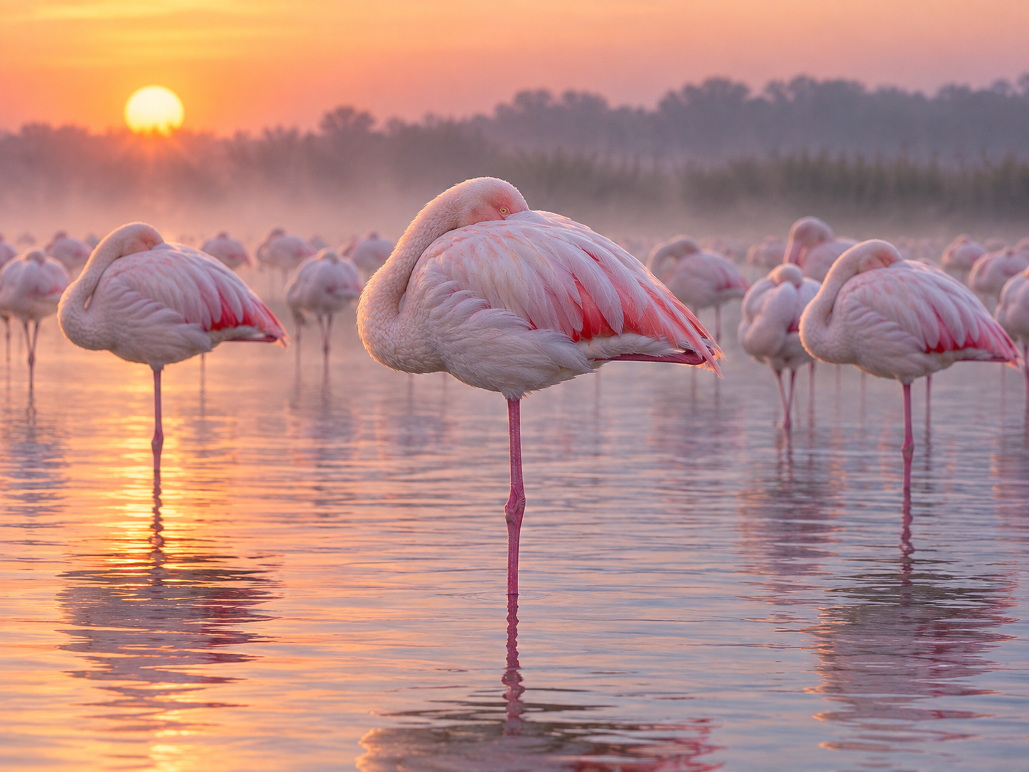 Greater flamingos standing on one leg in cool shallow water.