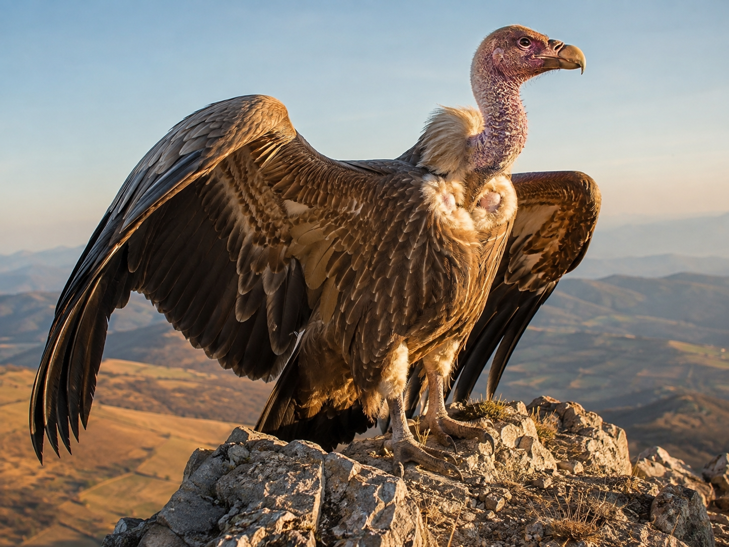 A griffon vulture with a bare head standing on a rocky ridge above an open landscape.