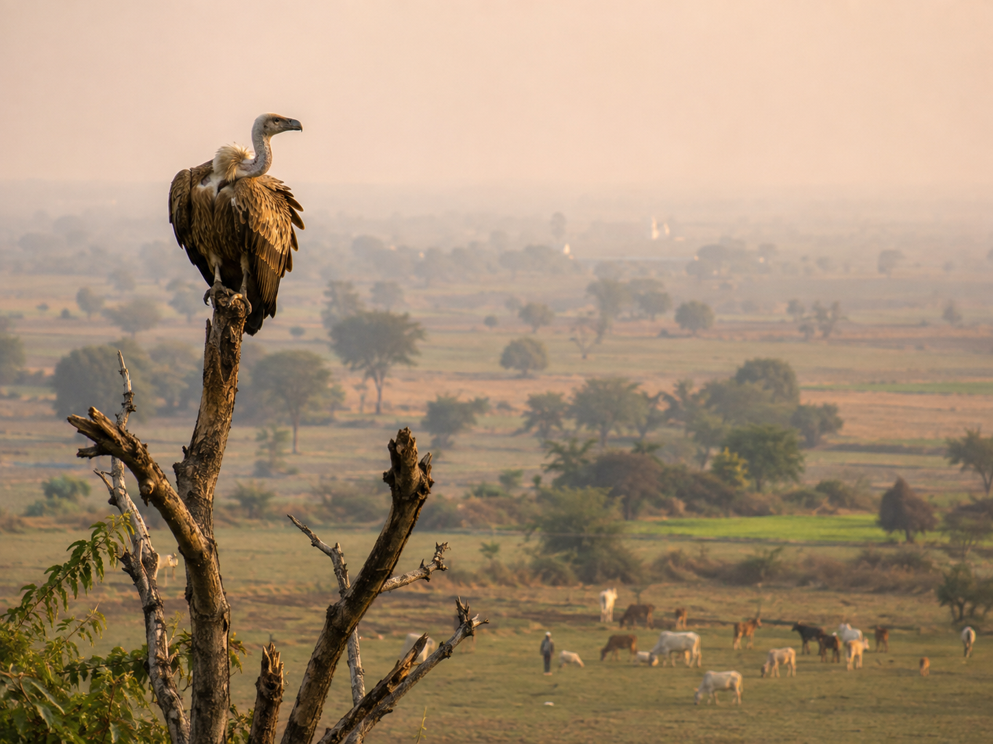 An Indian vulture perched above a rural landscape in India.