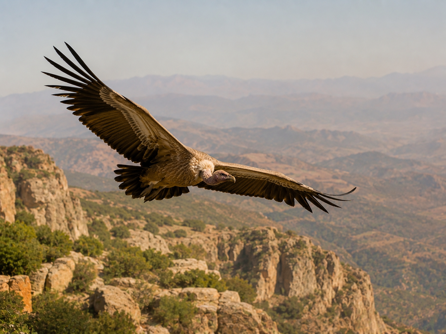 A griffon vulture soaring above a warm landscape while riding rising air currents.