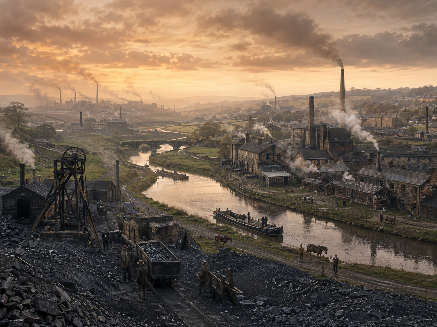 An 18th-century British industrial landscape showing coal mining, canals and early factories.
