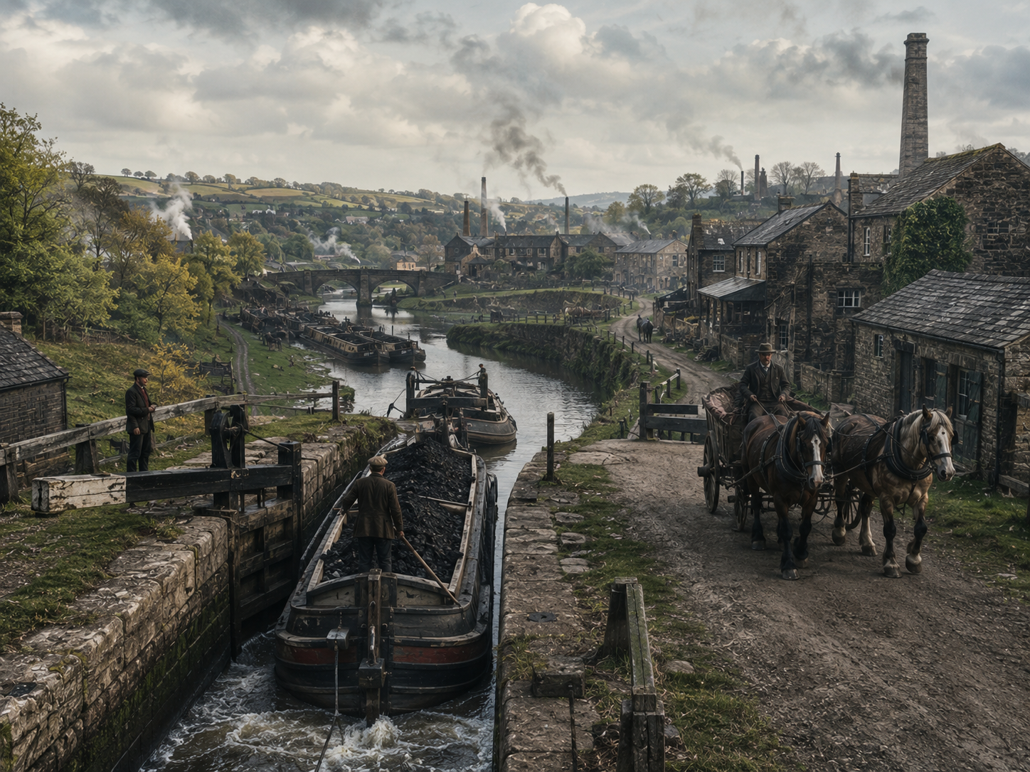 Coal boats traveling along an 18th-century British canal near an early industrial town.