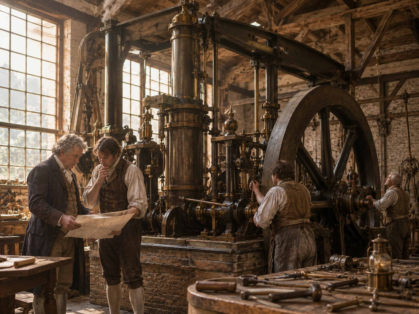 An early steam engine operating inside a British industrial workshop in the late 18th century.