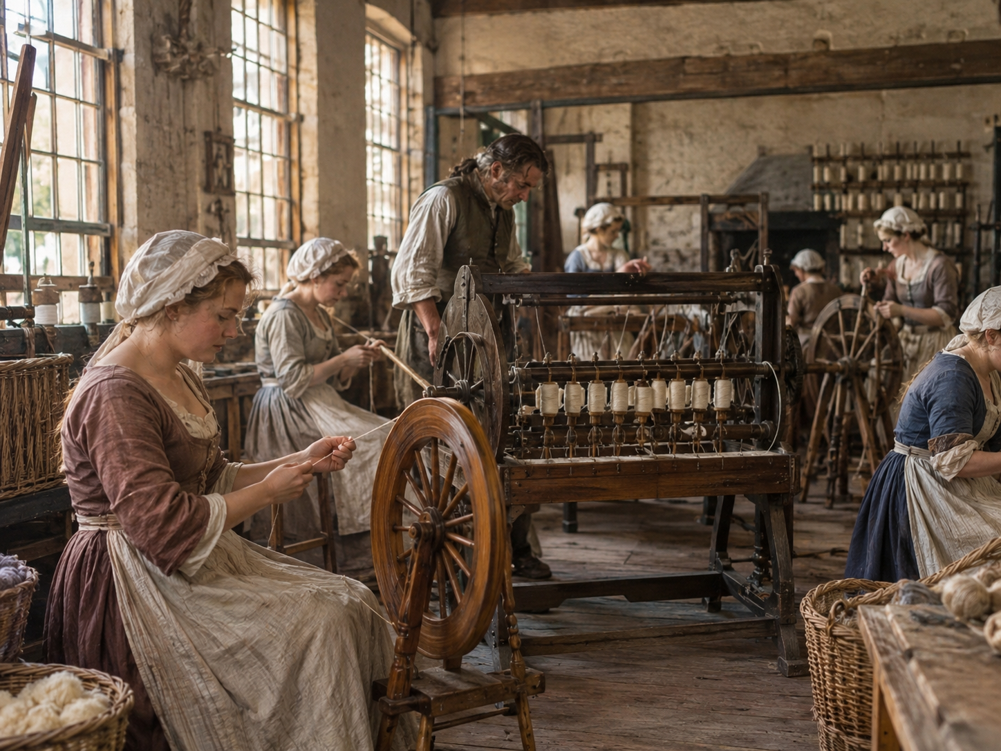 An 18th-century British textile workshop showing hand spinning alongside early mechanized production.