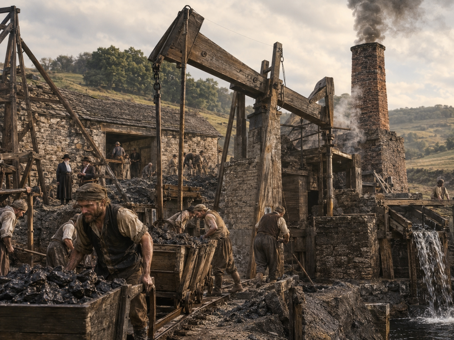 An early British coal mine using a Newcomen-style steam engine to pump water.