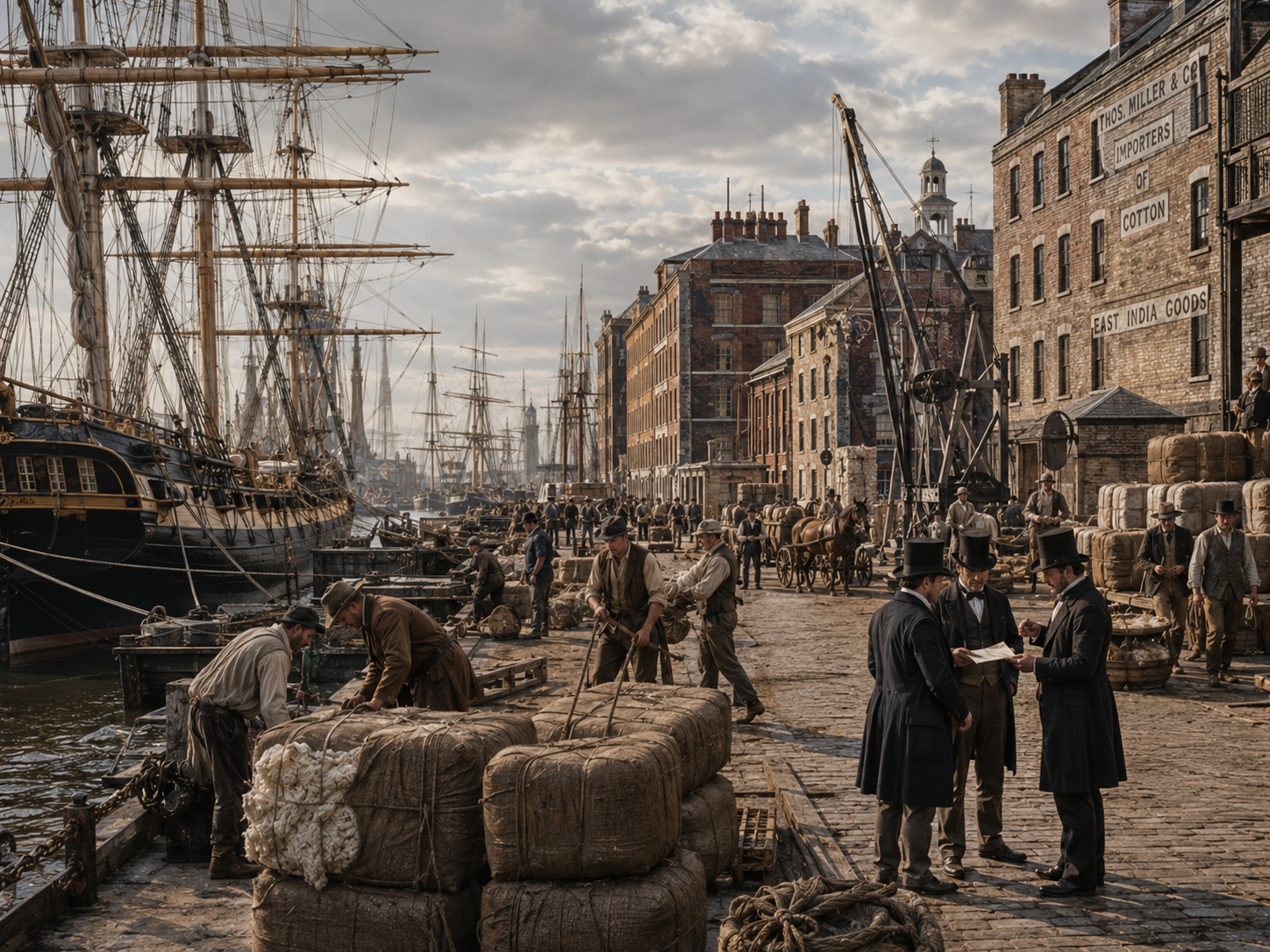 An 18th-century Liverpool port showing ships, warehouses and the commercial world connected to British industry.