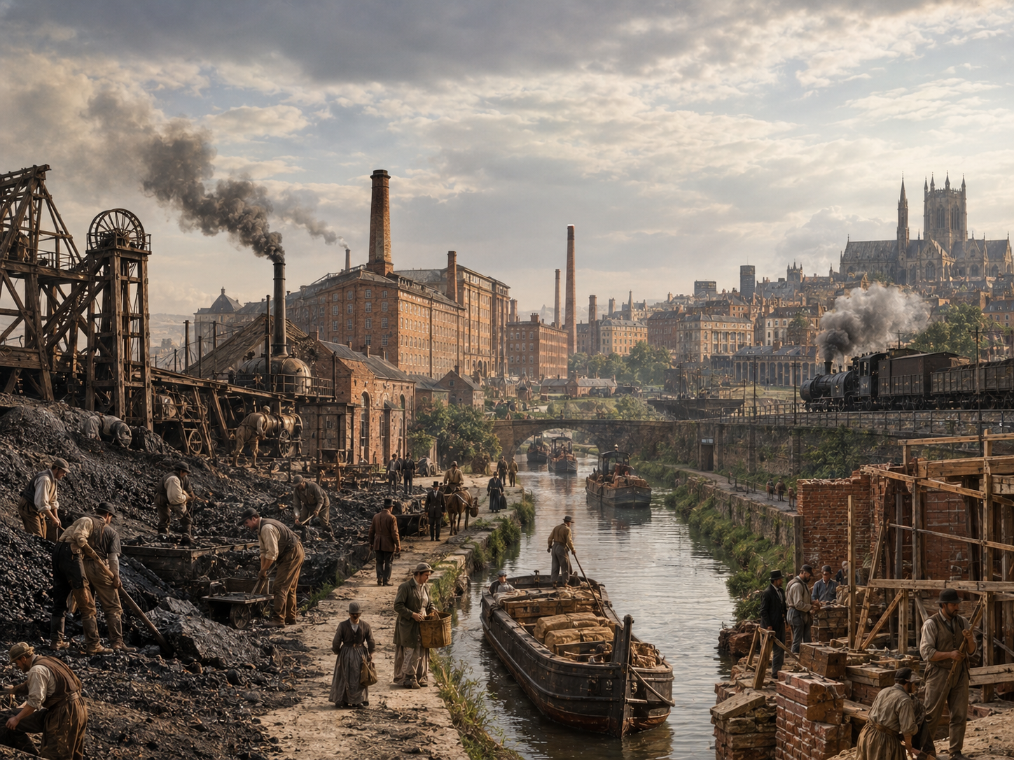 A visual progression showing how Britain's coal, factories, canals and railways became connected during industrialization.