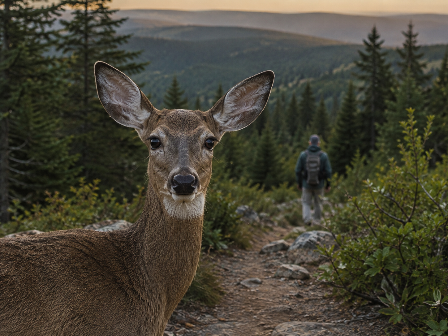 An alert white-tailed deer watches a distant hiker while remaining aware of the surrounding forest.