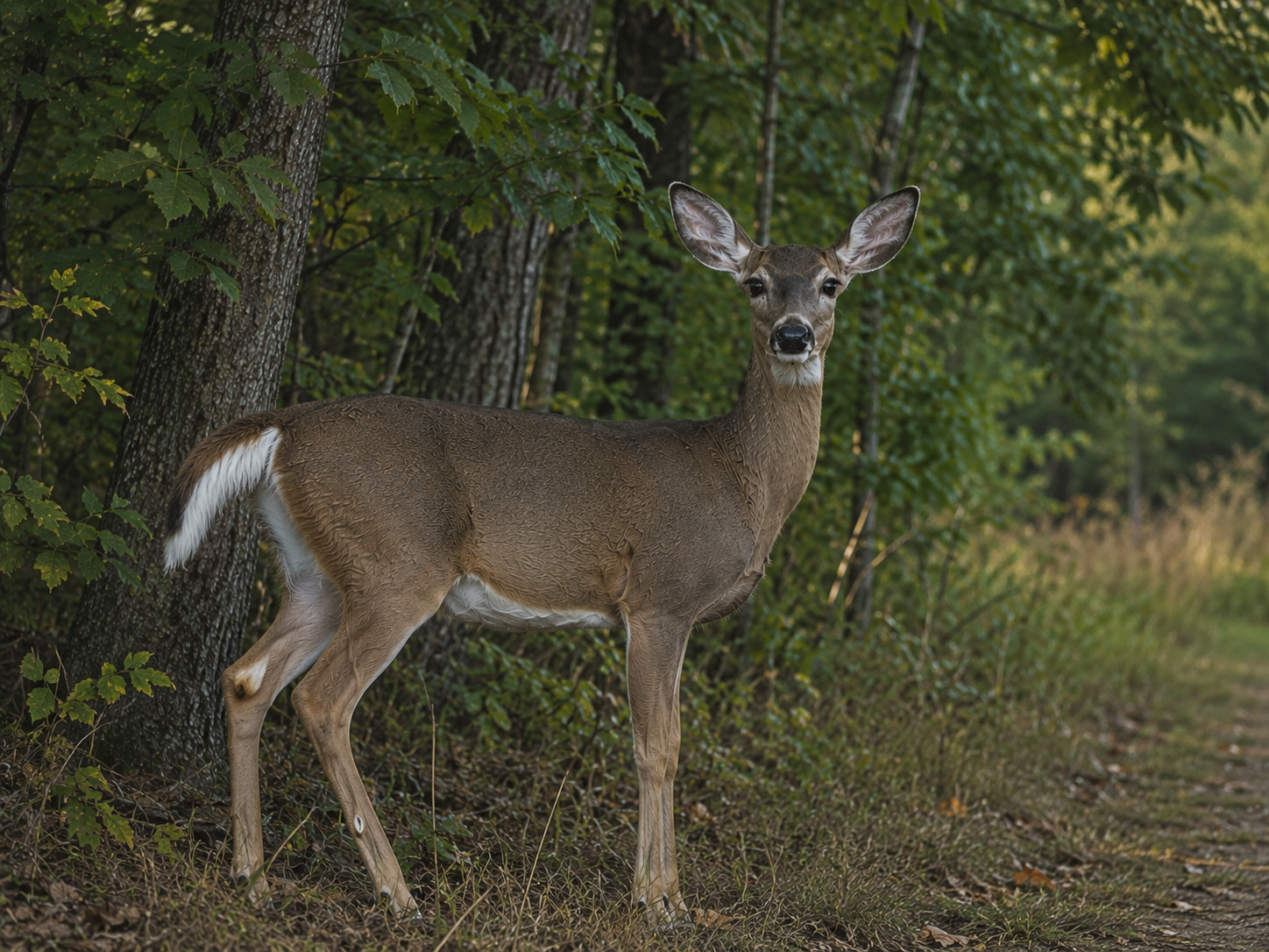 An alert white-tailed deer stands at the forest edge with raised head, attentive ears and visible white tail.