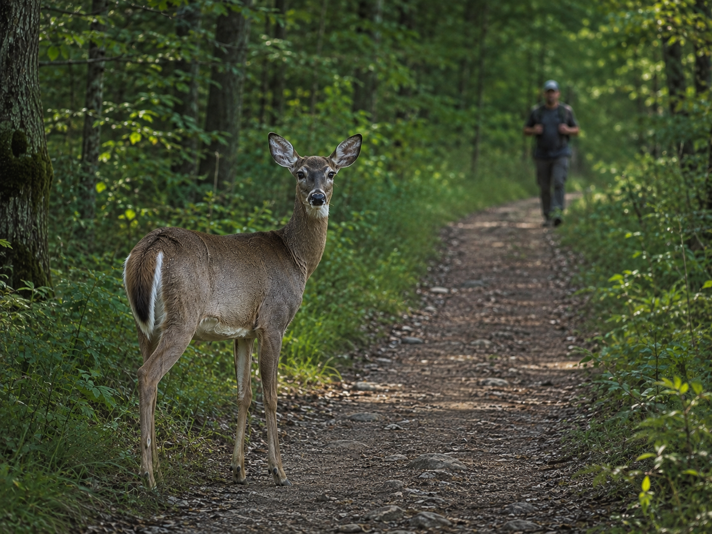 A white-tailed deer remains motionless while watching a person approaching along a distant forest trail.