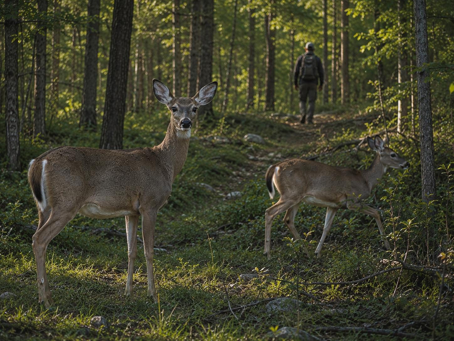 Two deer respond differently to a distant person, with one watching while the other moves toward nearby cover.