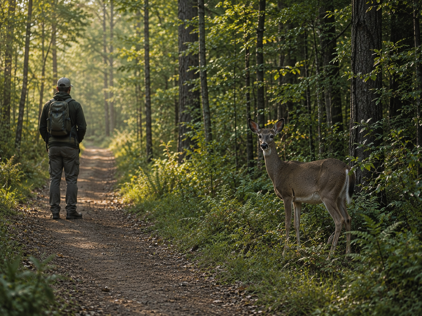 Infographic explaining how to respond safely when a deer watches you, including giving the animal space and avoiding sudden movements or pursuit.