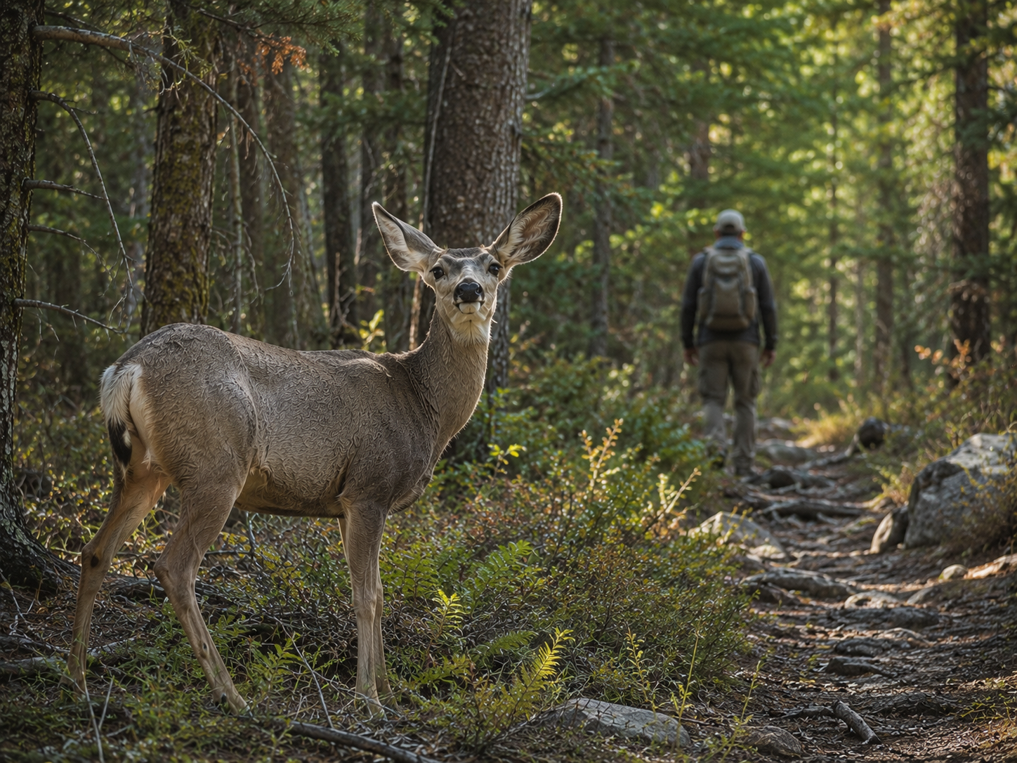 An alert mule deer raises its head and positions its ears while monitoring a nearby hiker and sounds in the forest.