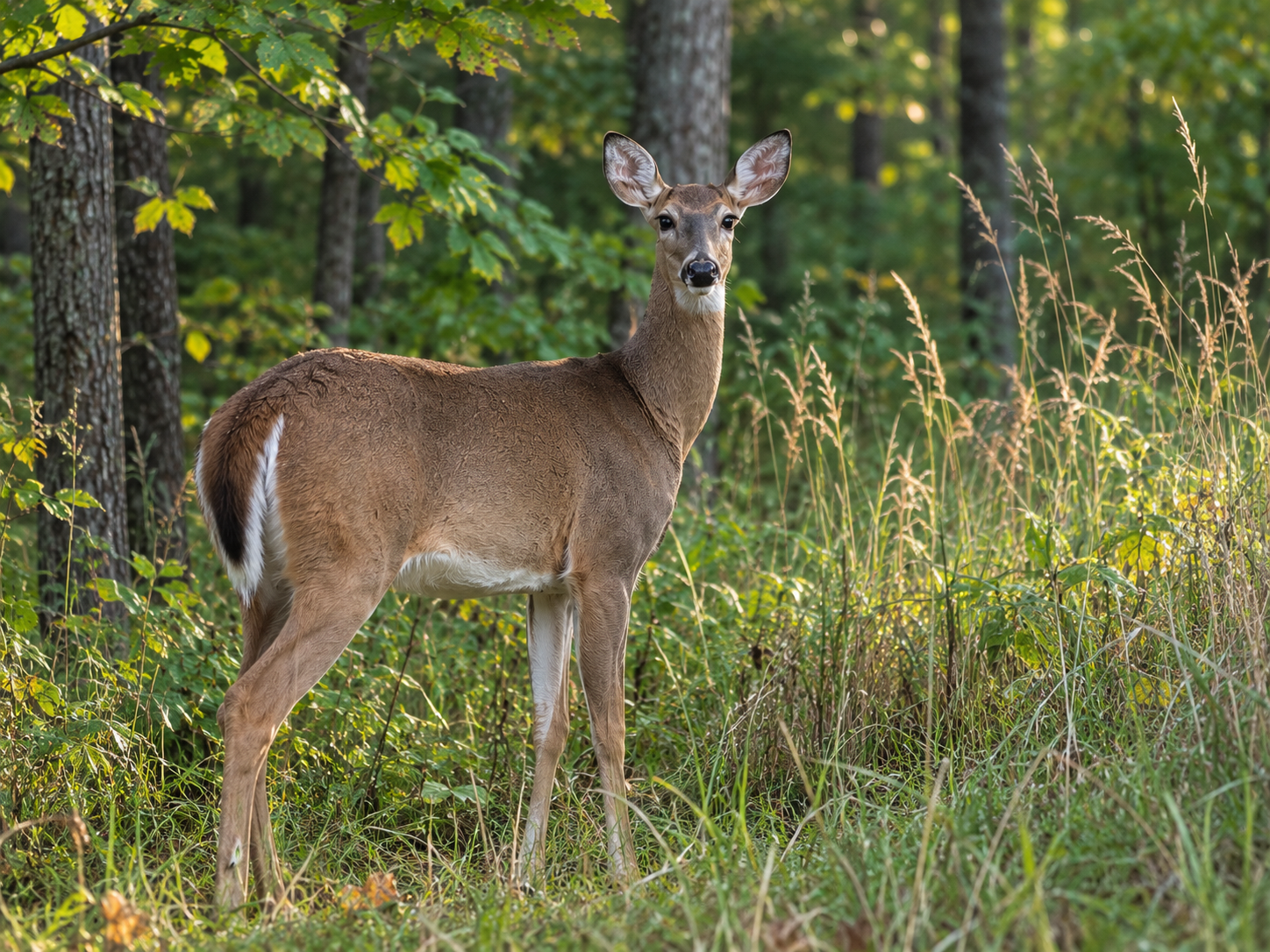 An alert white-tailed deer freezes beside tall grass with its head raised and ears directed toward a possible threat.