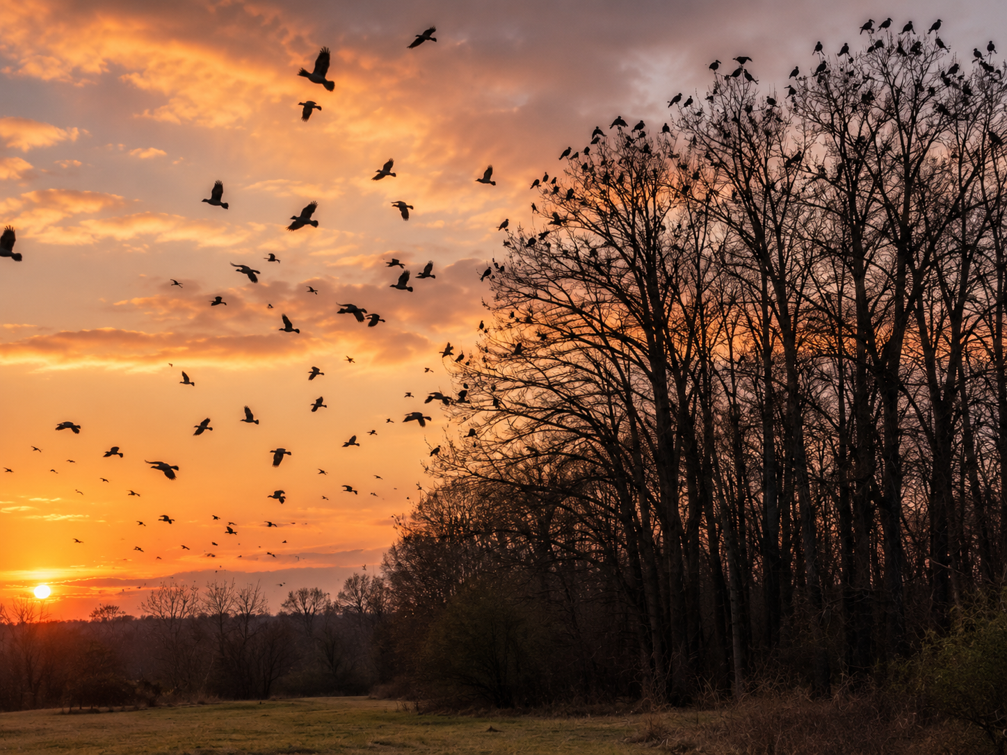 A large flock of American crows flies toward tall trees where other crows are already gathering at sunset.