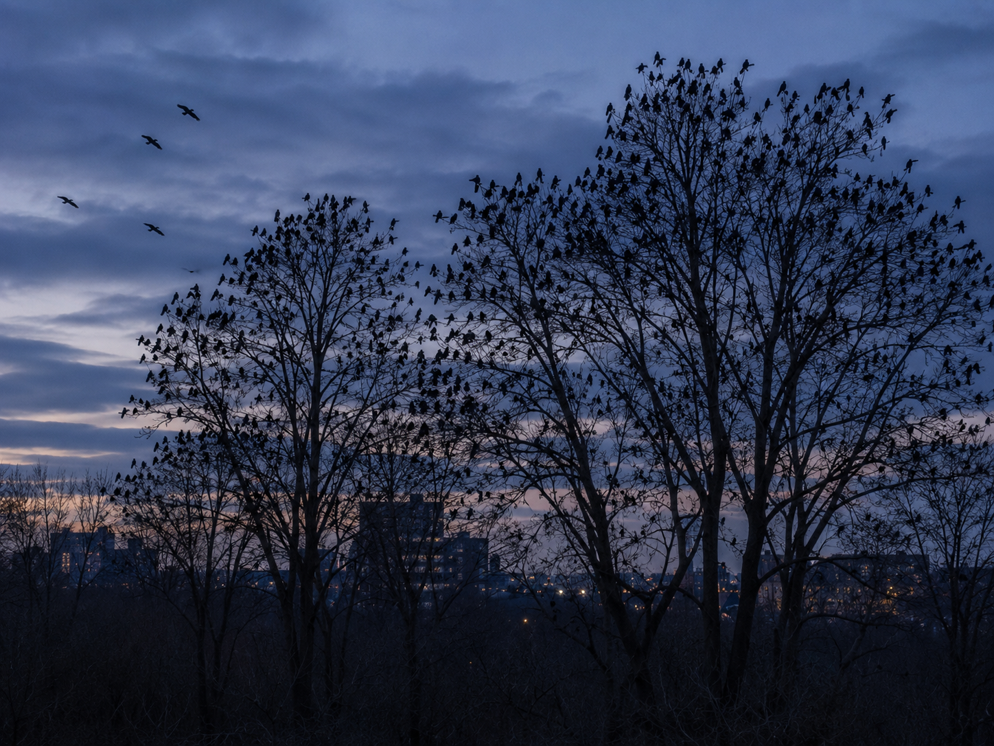 Hundreds of American crows occupy several tall trees at blue hour in a large communal roost.