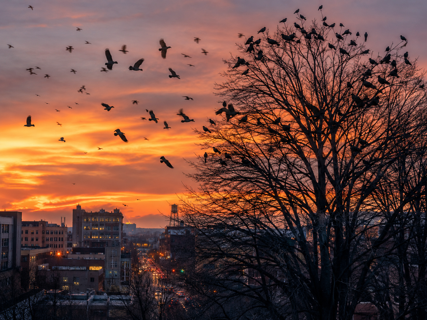 Hundreds of crows gather in tall trees above a city at sunset as more birds fly toward the communal roost.