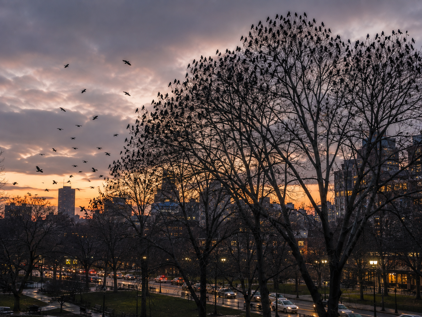 Hundreds of crows gather in tall trees beside an urban park as evening falls.