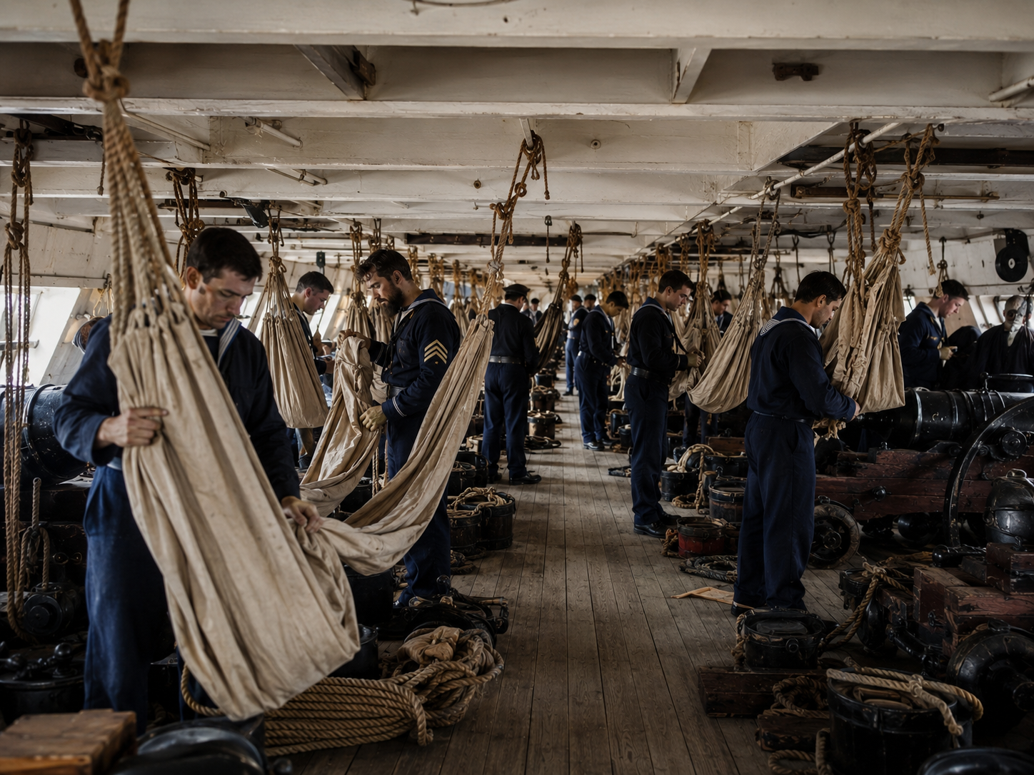 Sailors take down and roll their canvas hammocks in a crowded naval berth deck after waking.