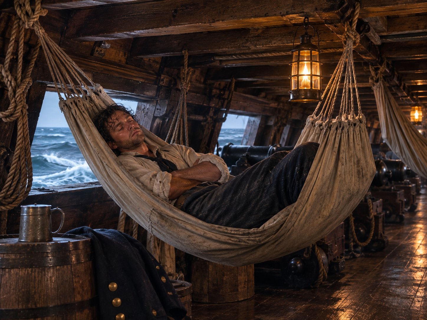 A sailor rests in a canvas hammock suspended between wooden beams inside a moving 18th-century ship.
