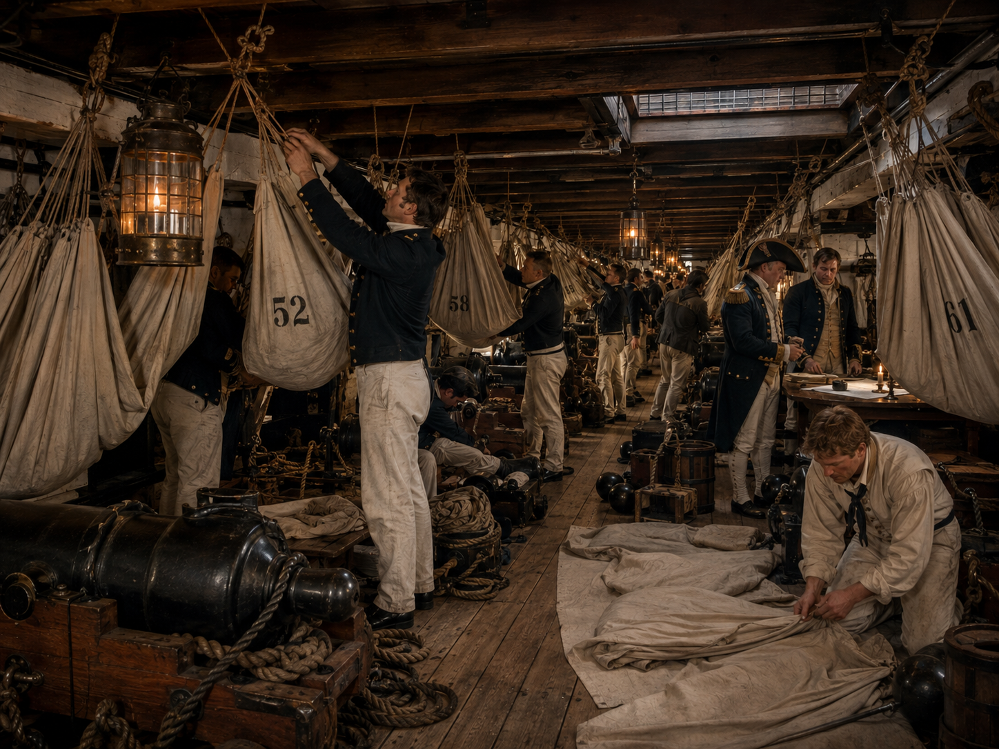 Sailors prepare numbered canvas hammocks inside the crowded berth deck of an 18th-century naval ship.