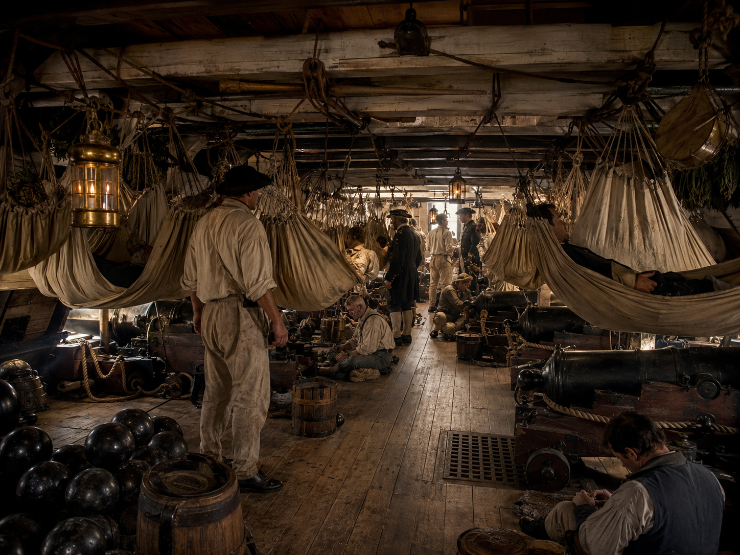 Rows of canvas hammocks hang inside a crowded wooden warship where sailors share limited living space.