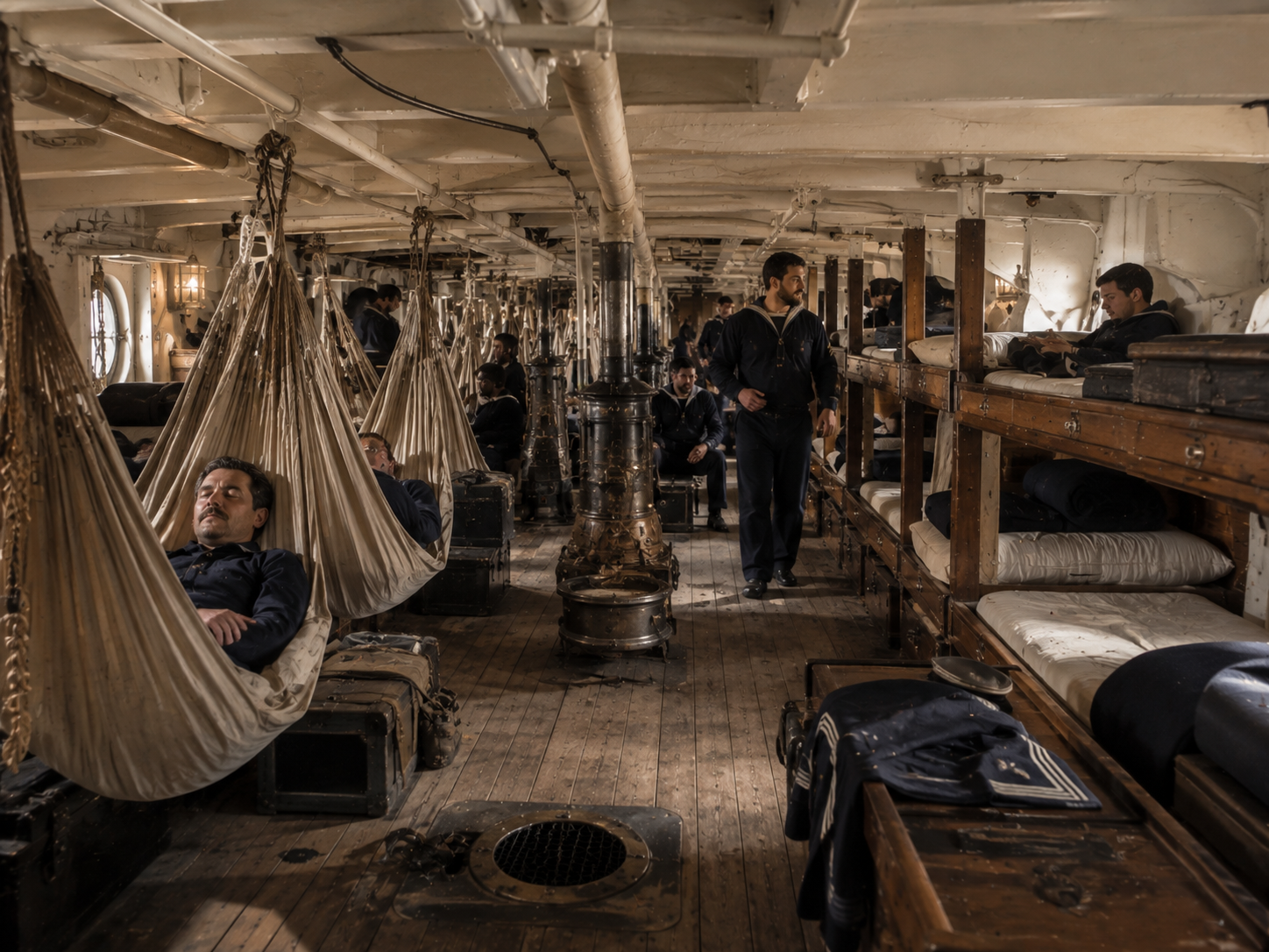 A late-19th-century naval sleeping compartment shows canvas hammocks alongside more permanent sleeping berths during the transition in shipboard accommodation.