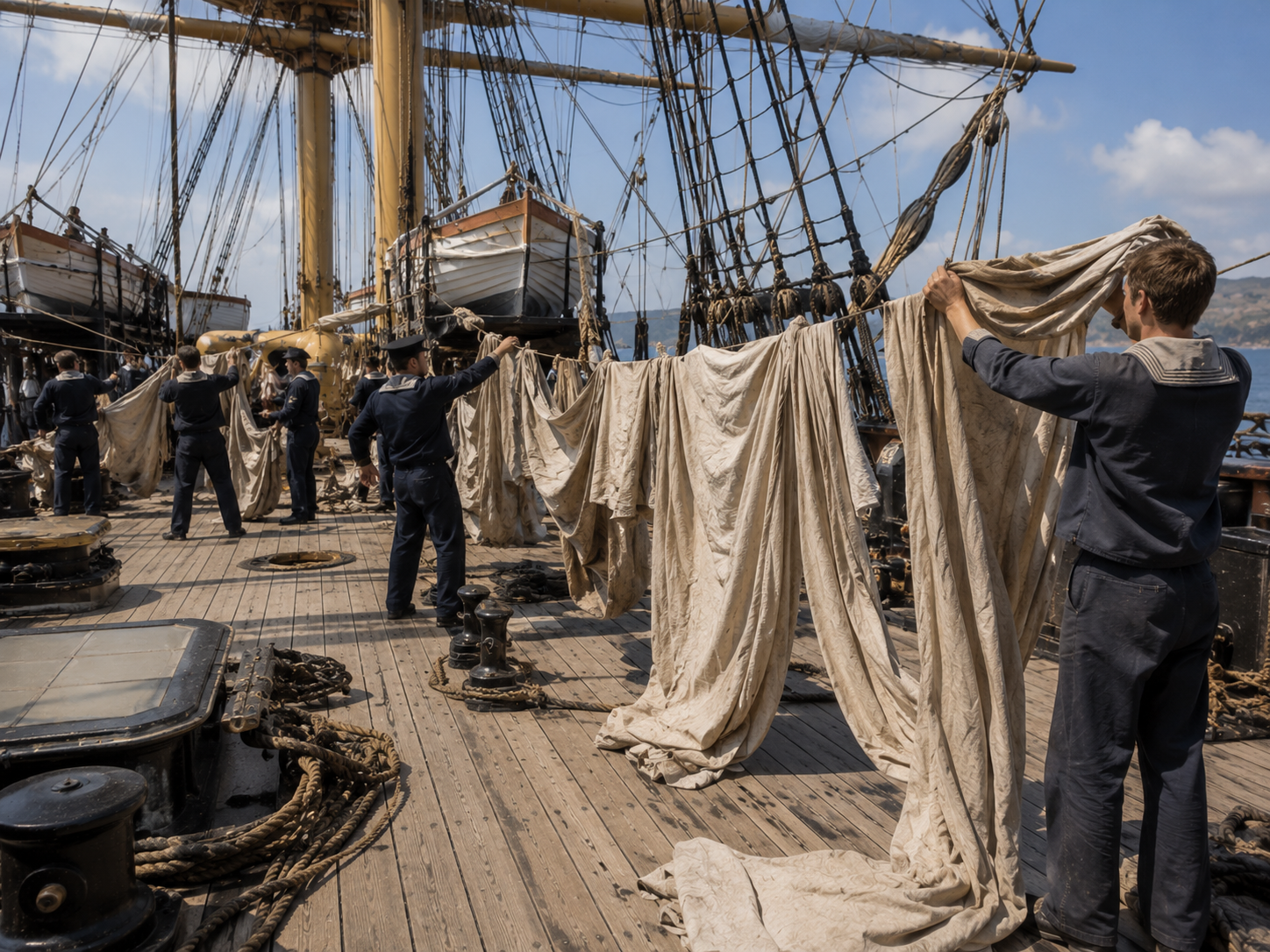 Sailors air canvas hammocks and bedding on the open deck of a 19th-century naval ship.