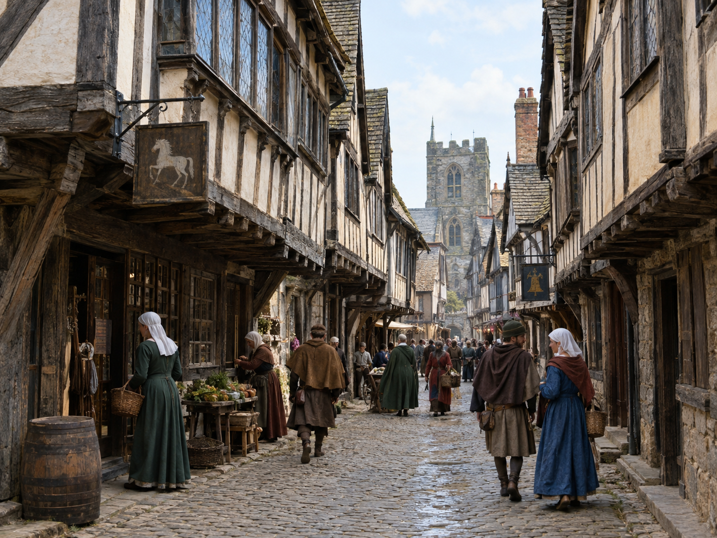A narrow medieval English street lined with timber-framed houses whose upper floors overhang the road.
