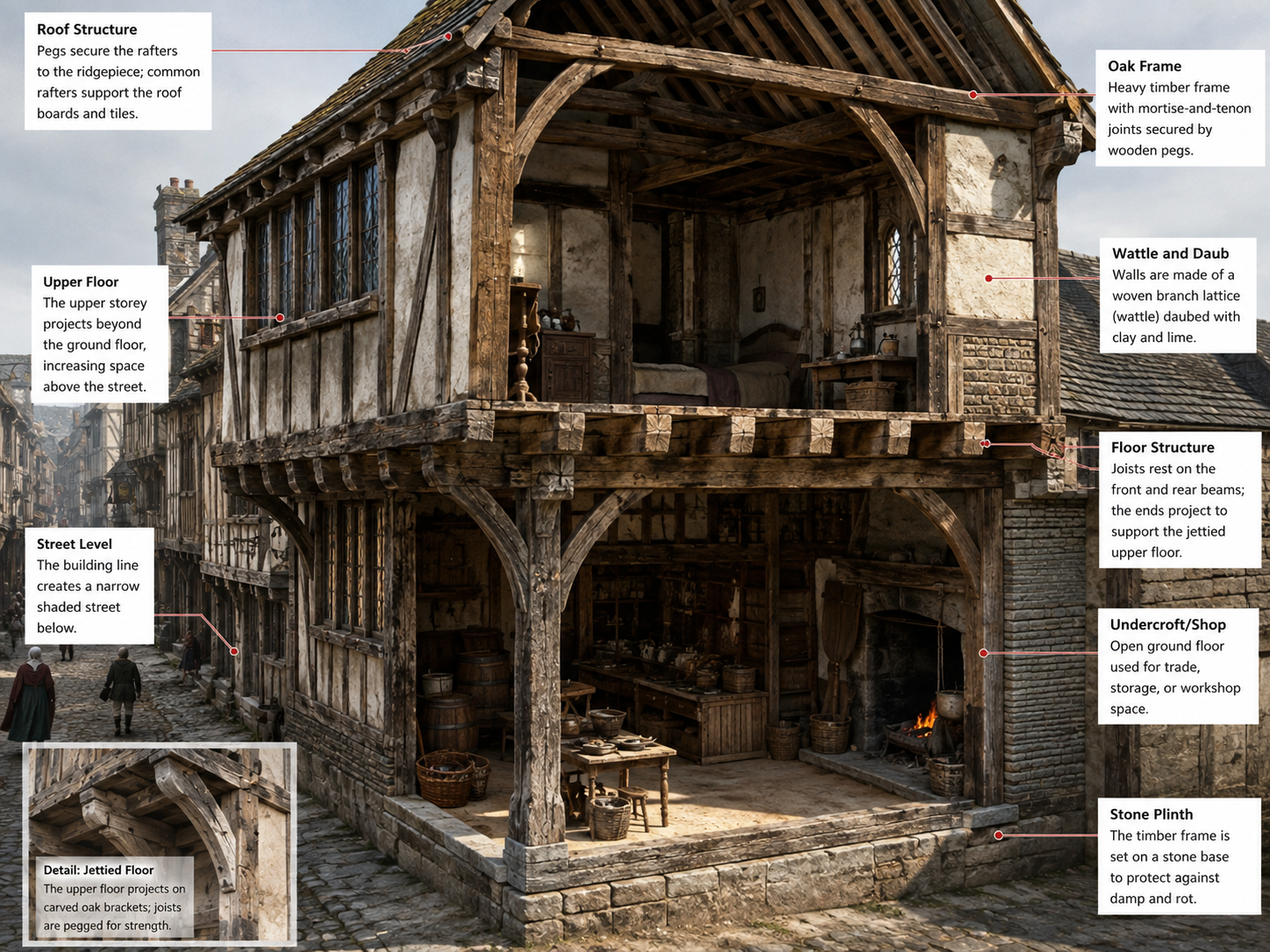 A cutaway medieval timber-framed house reveals the wooden structure supporting its projecting upper floor.