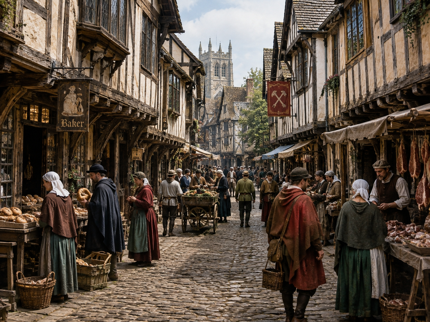 A busy late-medieval market street with timber-framed houses whose upper floors project over the narrow road.
