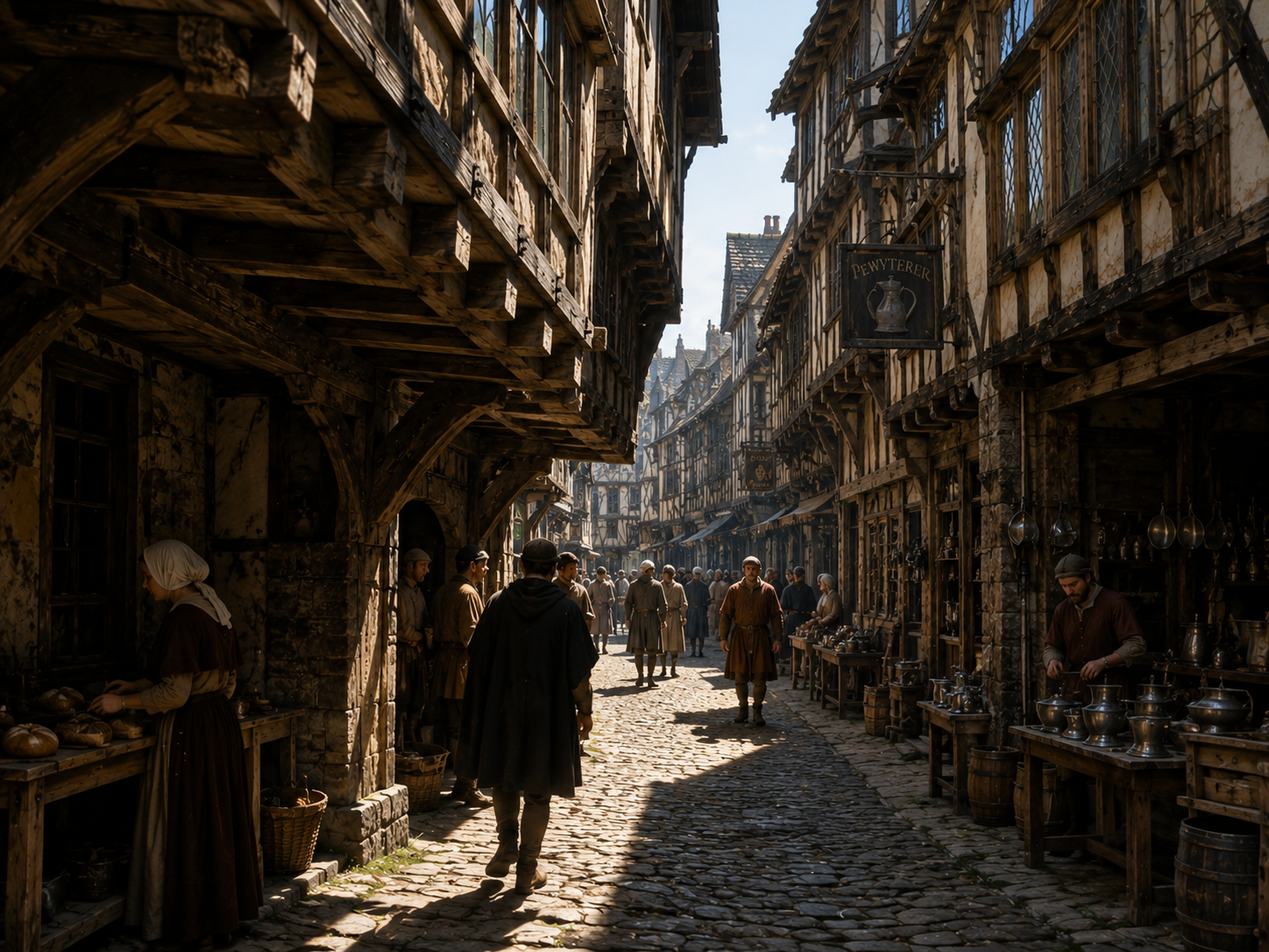 A narrow medieval street has alternating patches of sunlight and shade beneath overhanging timber-framed upper floors.