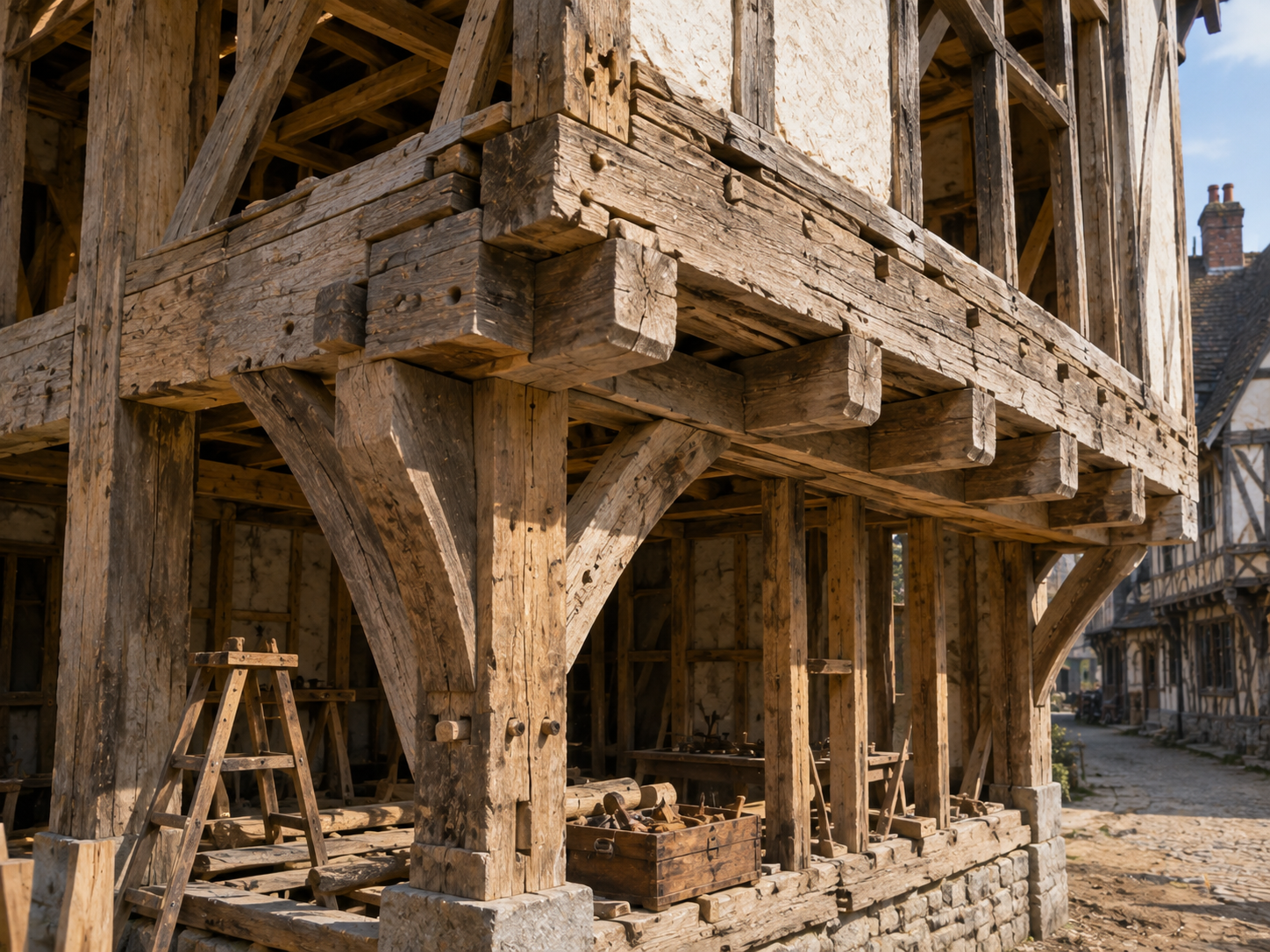 Large timber beams and traditional joinery support the projecting upper floor of a medieval timber-framed house.