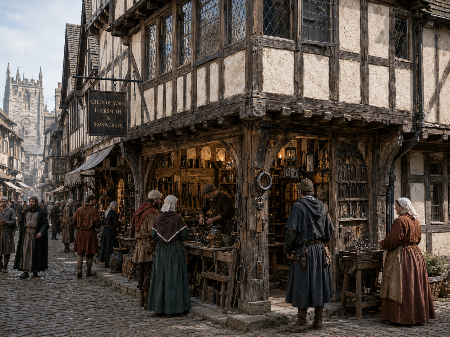 A medieval craftsman's shop occupies the ground floor of a narrow jettied house while the projecting upper floor provides additional living space.